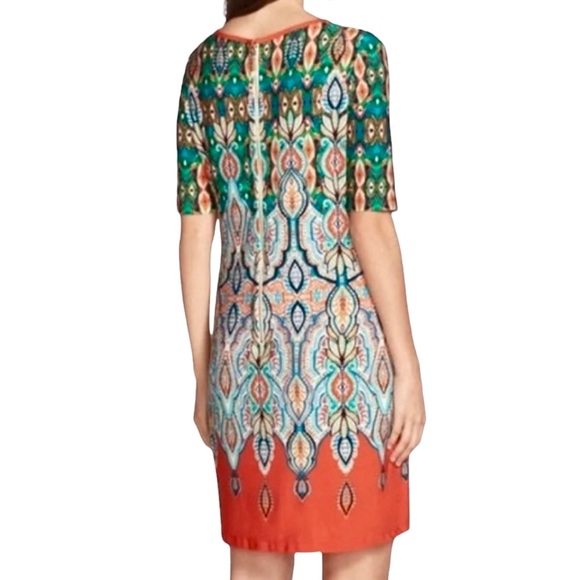 Eliza J Dress 6 Shift 1/2 Sleeve Paisley Medallion Orange Green - Picture 2 of 10